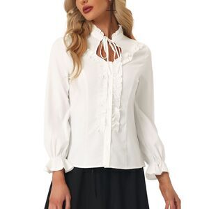 Victorian Blouse Vintage Ruffled Long Sleeve Button Up Gothic Shirt Top White